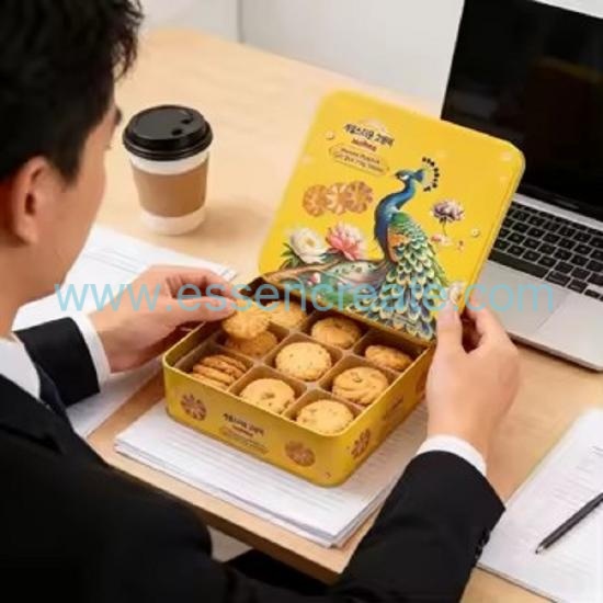 Custom Square Embossed Peacock Tin Box,Food Grade Metal Cookie Tin For Biscuit Mooncake Gift Packaging