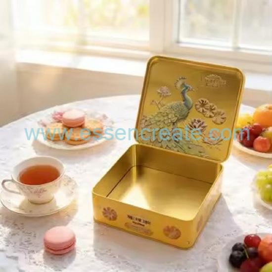 Custom Square Embossed Peacock Tin Box,Food Grade Metal Cookie Tin For Biscuit Mooncake Gift Packaging