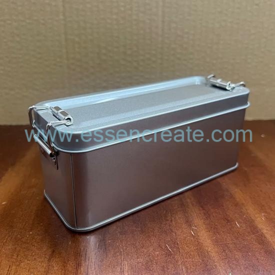 Custom Logo Clasp Lock Tin Container, Plain Silver Rectangular Tin Box For Makeup Tools & Gift Packaging