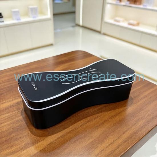 Custom Irregular Curved Waist‑Shape Tin Box, Special‑Shaped Metal Gift Tin With Flocked Insert For Vial Health Supplement & Wellness Bottle Packaging