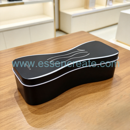 Custom Irregular Curved Waist‑Shape Tin Box, Special‑Shaped Metal Gift Tin With Flocked Insert For Vial Health Supplement & Wellness Bottle Packaging