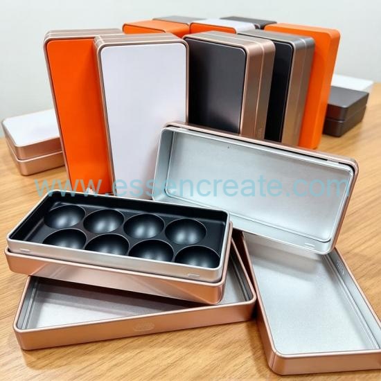 Slim Rectangular Tin Gift Container, 8‑Cavity Molded EVA Foam Inner Tray, Shock‑Proof Metal Packaging for Bath Fizz, Wellness Gummies & Boutique Souvenirs