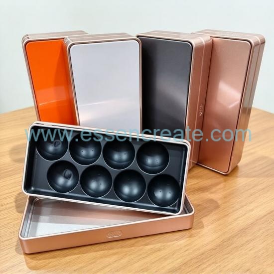 Slim Rectangular Tin Gift Container, 8‑Cavity Molded EVA Foam Inner Tray, Shock‑Proof Metal Packaging for Bath Fizz, Wellness Gummies & Boutique Souvenirs