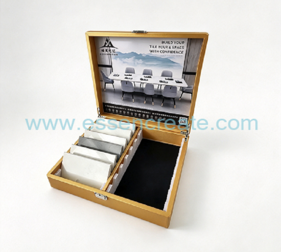 Custom PU Leather Tile Glass Sample Suitcase, Hard Shell Building Material Display Box With Handle & Metal Latch