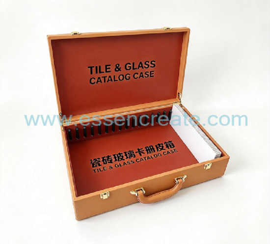 Custom PU Leather Tile Glass Sample Suitcase, Hard Shell Building Material Display Box With Handle & Metal Latch