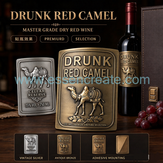 Custom Embossed Metal Wine Label, Self‑Adhesive 3D Raised Metal Sticker For Wine Bottle, Antique Bronze Silver Plated Brand Logo Badge