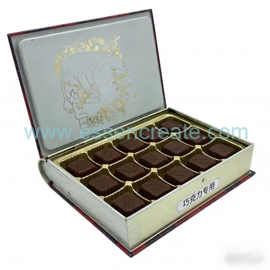 Offset Printing Book Shaped Tin Box, Decorative Hinged Metal Tin For Chocolate, Perfume Gift Packaging