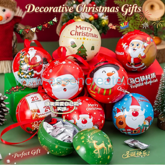 Custom Christmas Ball Tin Container, Food Safe Tinplate Sphere Tin, Holiday Packaging for Chocolate, Coffee Bean, Sweets